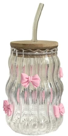 Bicchiere da caffè freddo con fiocco rosa, 500 ml, con coperchio e cannuccia, carino, per bevande fredde, succhi, caffè, cocktail, whisky