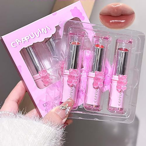 3 Stück Niedliche ‌Bärchen Glänzend Lippenstift, Tinted Lippenbalsam, Wasserfest Feuchtigkeitsspendend Lip Gloss, Pflegender Lippen Makeup Stick Shimmer (Dark Pink, 3 PCS)
