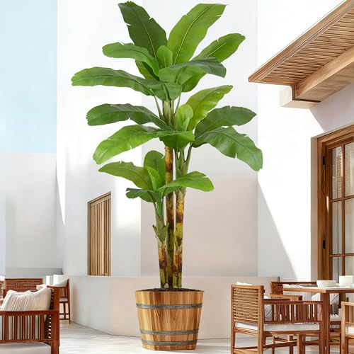 Fsslower Artificial Banana Tree 9FT with 22 Leaves & 3 Trunks Lifelike Tall Large Fake Faux Thick Green Leaf Tropical Plant 108 Inch Black Pot for Indoor Home Office Poolside Porch Store Corner Decor
