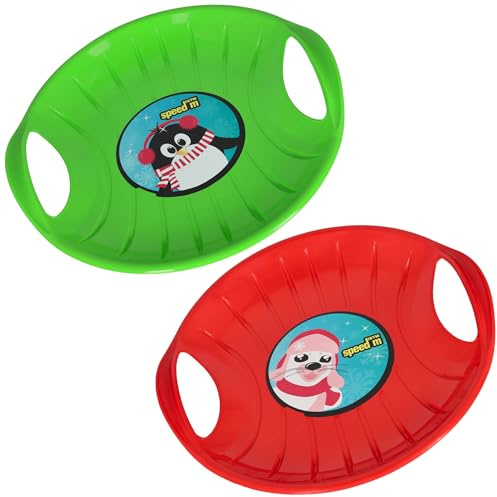 KOTARBAU® 2er Set Rutschteller - ø 60 cm - Popo Rutscher - mit Griffen - Schlitten für Kinder & Erwachsene - Bob Schlitten - Kinderschlitten - Kunststoff - Grün & Rot