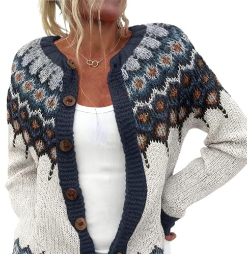 KBOPLEMQ Chaqueta de punto para mujer, cárdigan corto, cárdigan de punto, suave, elegante, cálido, otoño, chaqueta de entretiempo, suéter ligero, suéter noruego de punto con botones, O beige., M