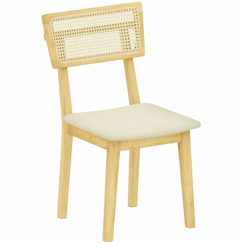 HOMCOM Esszimmerstuhl mit Rattan-Rückenlehne, Kissen, Küchenstuhl Natur