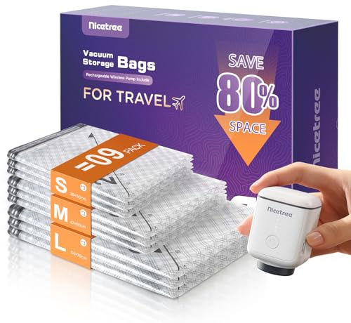 Innsky 9-Pack Vacuum Storage Bags with Rechargeable Pump, 3 Sizes | Large Space Saver Compression Pouches for Travel Packing, House Moving, Seasonal Home Organisation, 3 Sizes