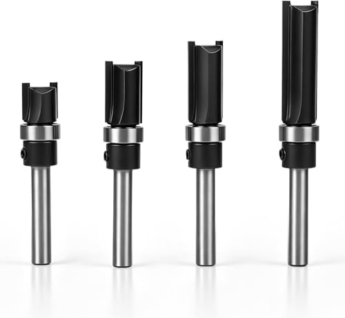 LALAGO 4 Stück Bündigfräser 6mm Schaft, Kopierfräser für Oberfräse | Holz-Fräser (Router Bit) mit Kugellager und Anlaufring oben, Arbeitslänge 11,9/20/25/38mm, für Holz-Trimming