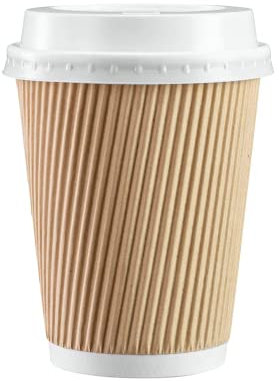 We Can Source It Ltd 200 x 12oz Ripple Brown Kraft Paper Cups - 3-PLY Disposable Insulated Coffee Cups with Secure White SIP Through Lids - Leak-Proof Durable Paper Cup for Tea, Coffee & Hot Beverages