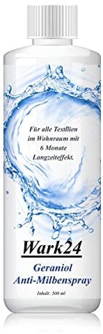 Wark24 Geraniol Anti-Milbenspray 500ml, Langanhaltender Anti-Milben-Schutz für Textilien Natürliche, allergikerfreundliche Milbenbekämpfung mit angenehmem Duft