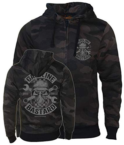 Gasoline Bastard Herren Camouflage Kapuzenjacke Zipped Hoodie Zipper Biker Jacke von Rock-IT Apparel Größen S-5XL Farbe Dark camo XXL