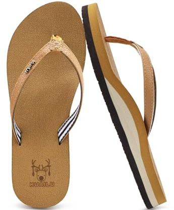 KuaiLu Womens Arch Support Flip Flops Comfortable Yoga Mat Slip on Leather Walking Thong Cushion Sandals Summer Beach Orthotic Slides Travel Essentials Indoor Outdoor Slippers Shoes Khaki Size 8