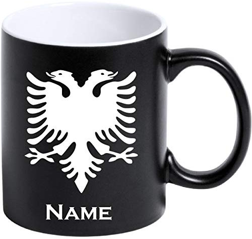 Tasse Kaffeetasse Albanien Albania Flagge mit Namen bedruckt Matt Schwarz