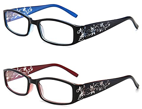 KoKoBin 2 stueck Damen Ultraleichte Lesebrille elegantes Anti-Blau-Licht mit Blumenspiegelfüßen kleine Lesebrille +3.5