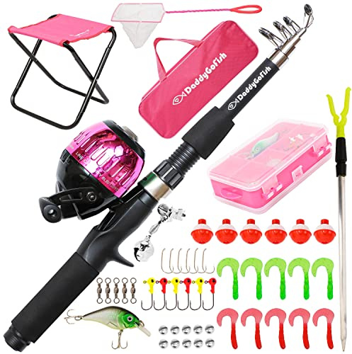 Kinder Angelrute Jungen, Mädchen & Jugend - Kleinkind Angelrute Set Kit | Kleinkind Angelrute Einsteiger Set für Jugend Jungen & Mädchen, Rute mit Druckknopf, Zubehörbox, Stuhl, Kescher & Tasche