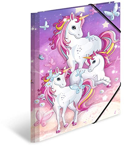 HERMA Sammelmappen A4 Einhorn Set, 3 Stück, Eckspanner-Mappen aus Pappe mit Kindergarten Motiv, Gummizug, Innenklappen und Innendruck für Jungen, Mädchen und Kinder