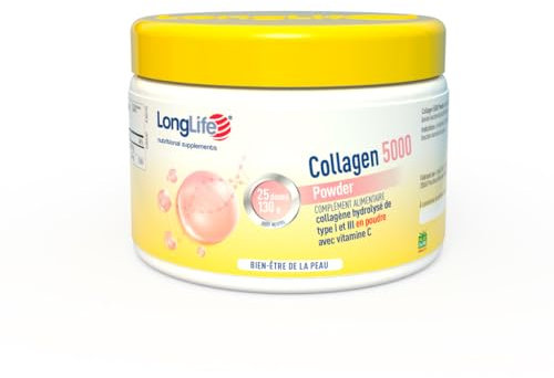 LongLife® Collagen 5000 Powder | 5000mg di collagene idrolizzato di tipo I e III in polvere | Benessere pelle | 25 dosi | Gusto neutro e senza glutine