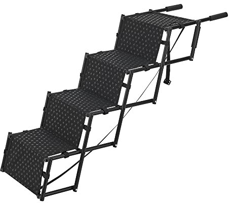 [en.casa] Hundetreppe Colchester Haustiertreppe Einstieghilfe 4-stufig faltbar bis 55 kg für kleine und große Hunde Metall/Polyester Schwarz