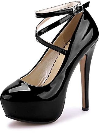 Zapatos de tacón para mujer, tacón de aguja, altura 14 cm, plataforma de 4 cm, zapatos de tacón estable, cómodos para bodas, fiestas y clubes, piel sintética negra., 44 EU