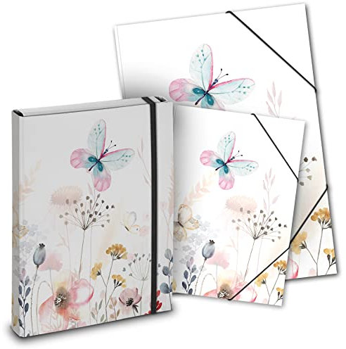 itenga Mappen SET SCHMETTERLING 3teilig: Heftbox + Gummizugmappe A4 + Zeichenmappe A3- für Kinder Jugendliche Schüler Mädchen