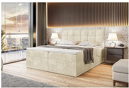 MEBLINI Boxspringbett mit Bettkasten - Gepolstert Doppelbett mit Matratze und Topper - Polsterbett mit Stauraum - Bett mit Kopfteil - Stauraumbett - Drago - 180x200 - H4/Beige Samt
