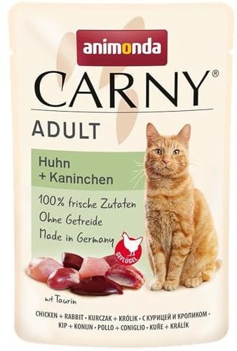 animonda Carny Katzenfutter nass Huhn + Kaninchen, 12 Portionsbeutel (12 x 85g), getreidefreies Katzen Nassfutter ohne Zucker, mit frischen fleischigen Zutaten