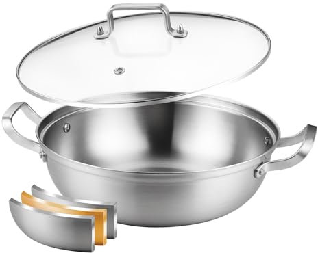 DELARLO Tri-Ply Stainless Steel 11 inch Everyday Pan with Lid, Kitchen Induction Deep Saute Pan,shabu shabu pot High Side Cooking Pot 3.5QT, Oven Safe Stock Pot, Up to 600℉