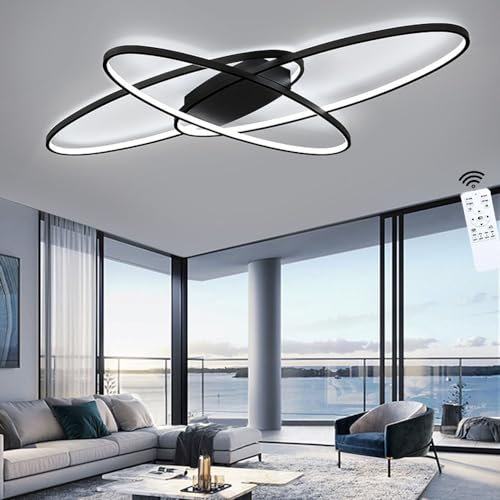 LIUYU Deckenlampe led deckenleuchte Dimmbar(3000K-6500K), Modern ovales design wohnzimmer deckenleuchte, Schwarz, 95W,8500LM, L130cm, Wohnzimmerlampen für Schlafzimmer, Küche, Büro