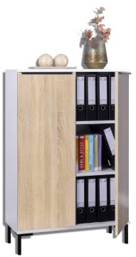 Kommode Anrichte Highboard 80,2 x 120,5 x 35 cm Regal mit Hochglanzfronten Schrank Metall Griff Schwarz Aktenschrank Ordnrschrank (Weiß/Sonoma-Eiche)