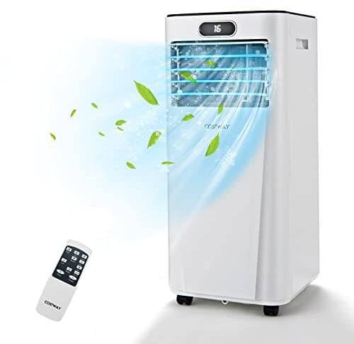 COSTWAY 9000BTU Portable Air Conditioner, 4 in 1 Mobile Cooler, Dehumidifier, Fan with WiFi Smart APP, Sleep Mode, LED & Front Display, Remote Control, 2 Speeds, 24H Timer & Adapter