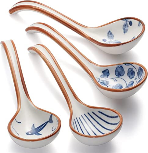 Ceramic Soup Spoons Set of 4 Porcelain Japanese Soup Spoon Long Handle Asian Soup Spoon Sets for Gravy, Soup Noodles, Wontons, Cream (Porcelain)