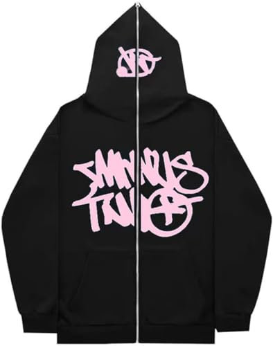 PANOZON Herren Zipper Hoodie Y2K Kapuzenpullover mit Reißverschluss Hip Hop Streetwear Urban Pullover Unisex Casual Jacke(Rosa,M)