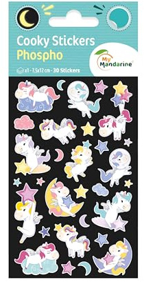 Maildor CY164Cpack - Packung mit 10 Bögen 3D Sticker Cooky Phospho/Aufkleber, 7,5x12cm, phosphoreszierend, Einhörner, 300 Stickers, 1 Pack