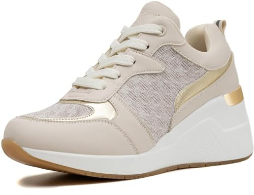 Beige Keilabsatz Turnschuhe für Frauen - Hochhackige Keil Tennisschuhe rutschfest Frauen Mode Turnschuhe W142-FN-DE-BEIGE-40