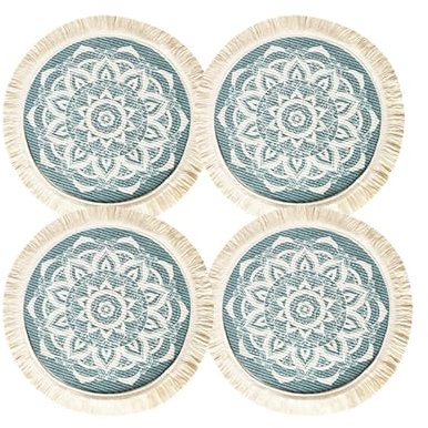 4 Stück Runde Boho-Tischsets aus Baumwolle für heiße Gerichte und Getränke, 36cm, gewebte Baumwoll-Tischsets, waschbar, Mandala-Muster, Quaste, hitzebeständig, Tischmatten für Esstisch
