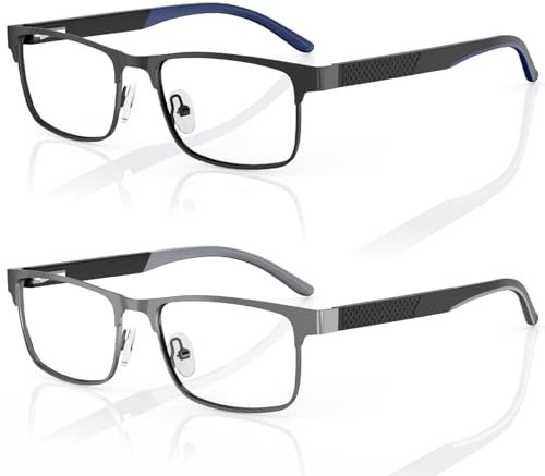 Amorays 2-pack occhiali da lettura rettangolo per gli uomini，Moda occhiali da computer con montatura in metallo confortevole con filtro luce blu，Compreso cerniera a molla LH8003（Nero&Grigio，+2.00）