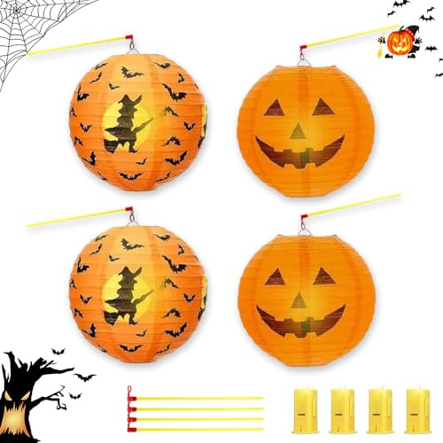 Casenly Halloween Laterne Papier, 4 Stück Mit Laternenstab, Papier Lampion für Kinder, Faltbare Hängedeko Kürbismuster für Party Dekoration