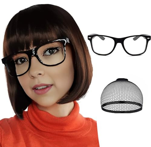 PORSMEER Brauner Bob Perücken für Velma, Cosplay Kurzhaarperücke mit Pony für Frauen Mädchen mit 1*Schwarze Brille, Natürliche Nette Synthetische Bunte Perücken für Party Halloween Kostüm