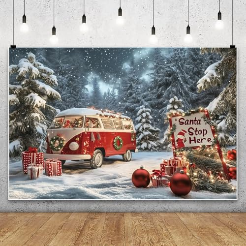MIRRORANG Fotohintergrund, 3 x 2,5 m, roter Winterbus, schneebedeckt, Weihnachtsmann-Hintergrund, Hintergrund für Babyparty, Geburtstag, Familie, Urlaub