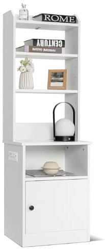 COSTWAY Bedside Table with Charging Station, 140cm Tall Nightstand Sofa Side Table with Storage Cabinet and Open & Adjustable Bookshelf, Wooden Accent End Table for Living Room Bedroom (White)