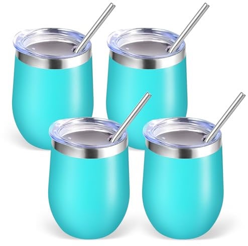 Volhoply 12oz Edelstahl Weinbecher mit Deckel Bulk 4 Pack,350ml Doppelwandige Vakuum stiellose Weingläser,Metall Reise Kaffeebecher mit Strohhalm,Isolierte Tasse Geschenke für Frauen(Grün,4 Set)