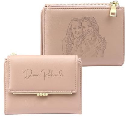 Jeweidea Portefeuille Personnalisé pour Femme avec Noms de Photo Gravés Petit Cuir Portefeuille avec Poche à Monnaie Zippée pour Maman Petite Amie Cadeaux Personnalisés (Rose)
