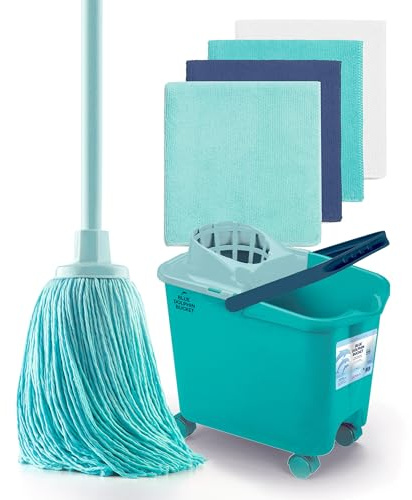 Blue Dolphin - Fregona con Palo Plegable y Cubo con Ruedas más 4 bayetas de Microfibra reciclada Set de Limpieza sostenible del hogar para Suelos y Todo Tipo de Superficies