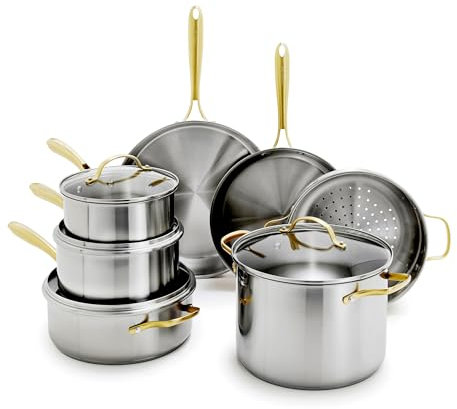 GreenPan 11 Piece Stainless Steel Cookware Set, Induction Ready, Tri-Ply Multiclad Pots & Pans with Lids, Compatible on All Cooktops, Measurement Markings, Dishwasher & Oven Safe, Swift, Gold Handles