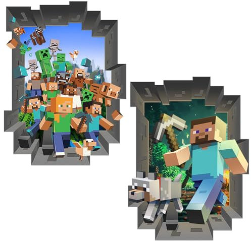 Miinnecraft Wall Stickers, 2PCS DIY Creative Wall Decals Stickers 3D Wallpaper Stickers for Kids Cartoon Game Wall Sticker Kids Bedroom Playing Room Wall Decor Removable Glass Stickers (60x40CM)