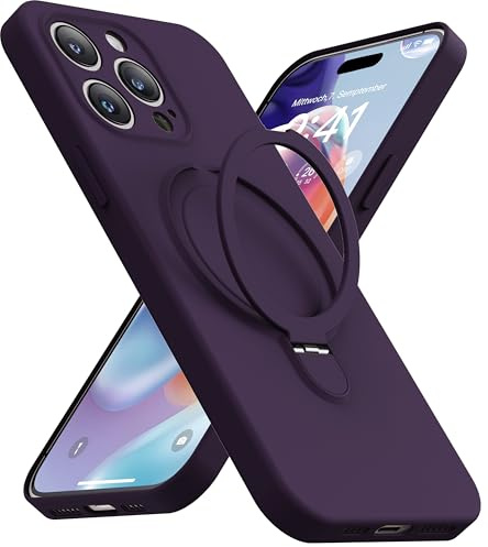 Mephoro Supporto magnetico per iPhone 15 Pro Max, silicone liquido, compatibile con MagSafe, cavalletto integrato e anello di supporto, fodera in morbida microfibra antigraffio, viola scuro