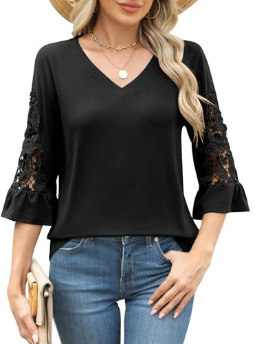 iWoo Ladies Summer Tops Dressy Casual 3/4 Length Sleeve Spring Loose T-Shirts Elegant V Neck Lace Ruffles Sleeve Tunics Blouse(Black,XL)