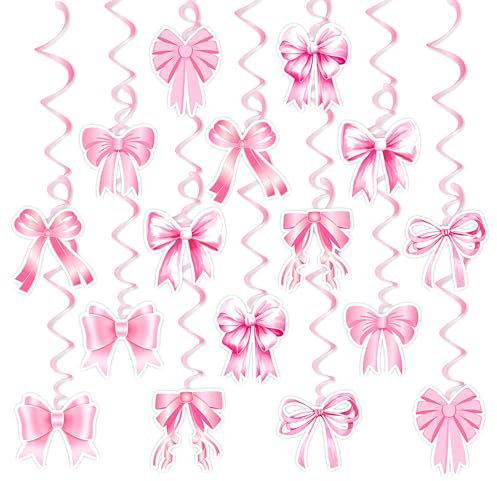 Pink Bows Birthday Party Decoration, Kaluofan 32 PCS Pink Birthday Decorations, Bows Hanging Swirls Decoration for Girls Women in Baby Shower Mother's Day Valentine's Day Commitment Day
