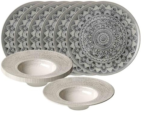 Ritzenhoff & Breker Rimini Gourmet-Set für 6 Personen, 12-teiliges Gourmet- und Platzteller-Set mit leichtem Relief, Geschirr-Set mit mediterranem Flair, Spülmaschinenfest, Steinzeug, Mandala Stone