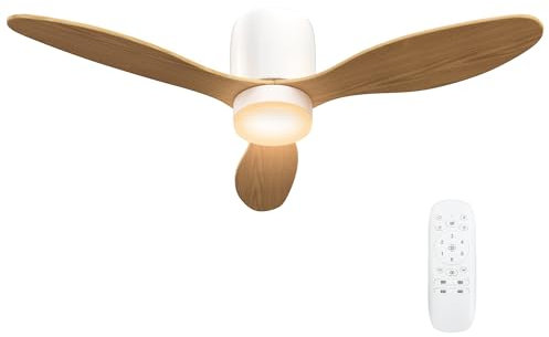 HOMCOM Ventilateur plafond avec lumière et télécommande 50 W, ventilateur de plafond silencieux et réversible 115 cm avec 3 pales 6 vitesses minuterie luminosité réglable, pour chambre salon, naturel