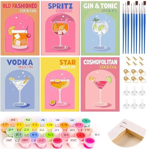 RICKMASK Peinture par Numéros Adultes avec Cadre: Peinture par Numéros Cocktail avec Pinceaux et Acryliques pour Débutants, Décoration de la Maison, 6 Pièces (A)