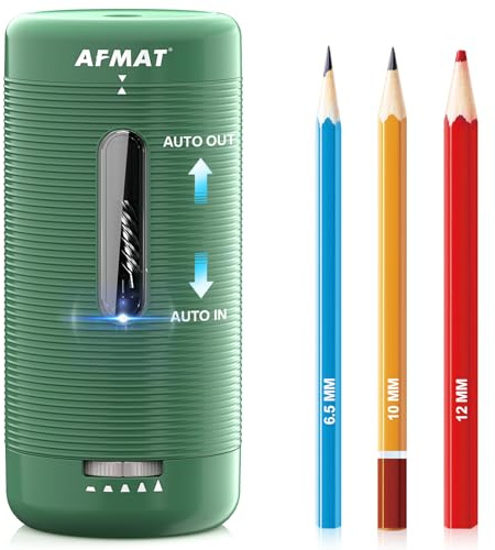 AFMAT Elektrischer Anspitzer mit Behälter, Aufladbarer Automatischer Spitzer für Dicke Farbstifte 6,5-12mm,USB Aufladbar Tragbarer Bleistiftschärfer mit Einstellbaren Spitzen für Schule/Büro,Grün PSC2