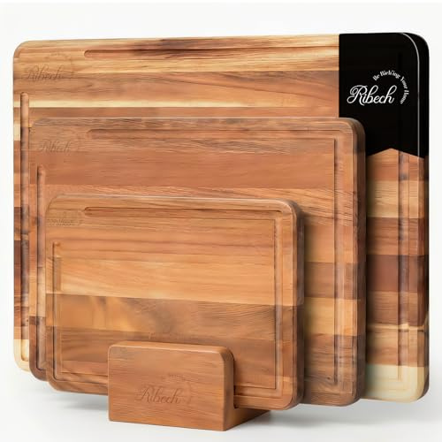 Ribech Set Taglieri 3 Pezzi in Legno di Acacia Massello con Supporto | 40x30cm 33x24cm 26x18cm | Taglieri Spessi 2cm con Canaletto e Piedini Antiscivolo