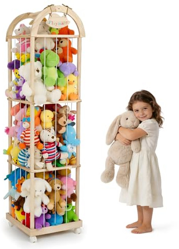 VIHBRAI Holz Kuscheltier Aufbewahrung, Stofftier Aufbewahrung mit 360°Bremse-Ausgestattete Räder, 150 * 40 * 40cm Plüschtier Spielzeug Organizer für Kinderzimmer, Wohnzimmer und Schlafzimmer
